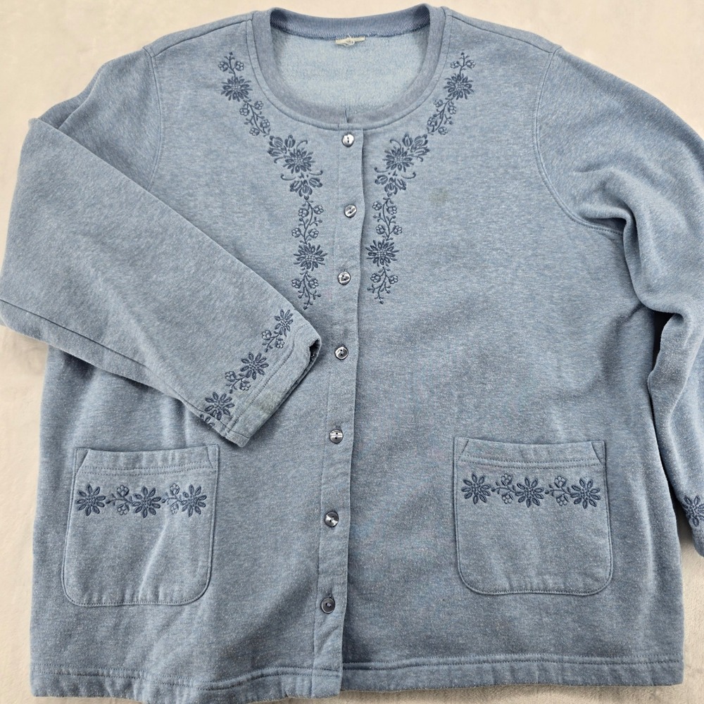 Cardigan Womens XL Sweatshirt Blue Floral Embroidered Button Front Pockets